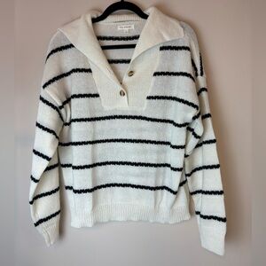 Stitch Fix Blu Pepper Collared Cropped Polo Sweater White Black Stripe Large